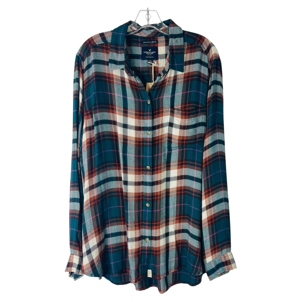 NWT AEO green cream rust plaid flannel button front boyfriend top XXL - Picture 1 of 8